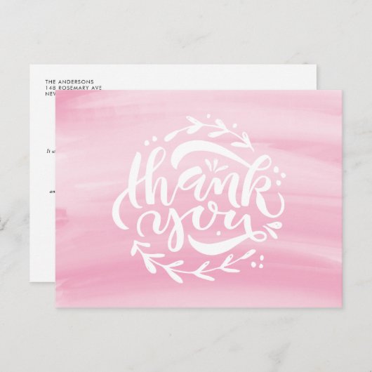 Roze Waterverf Hand Lettering Krans Dank u Feestdagenkaart (Voorkant / Achterkant)