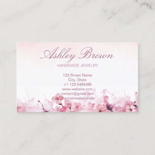 Roze Waterverf Handgemaakte Sieraden Bloemen Paste Visitekaartje (Achterkant)