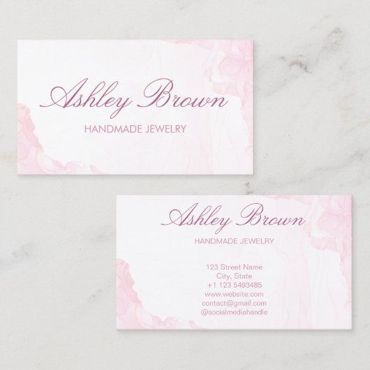 Roze Waterverf Handgemaakte Sieraden Ketting Oorbe Visitekaartje (Voorkant / Achterkant)