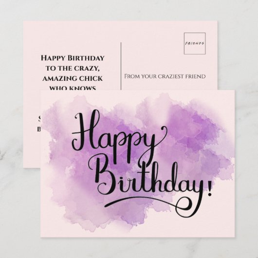 Roze Waterverf Happy Birthday Post Card Briefkaart (Voorkant / Achterkant)