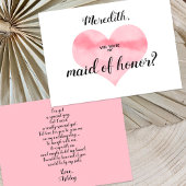 Roze Waterverf Hart Be My Maid of Honor Gedicht Kaart