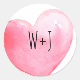 Roze Waterverf Hart Monogram Bruiloft Ronde Sticker