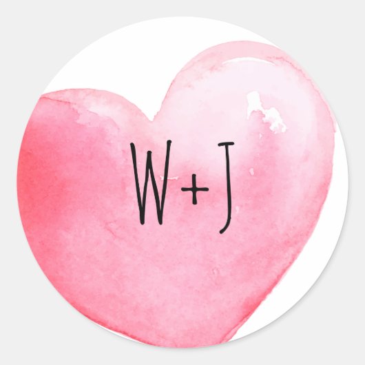 Roze Waterverf Hart Monogram Bruiloft Ronde Sticker (Voorkant)