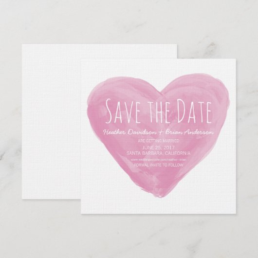 Roze Waterverf Hart Save the Date Uitnodiging (Voorkant / Achterkant)