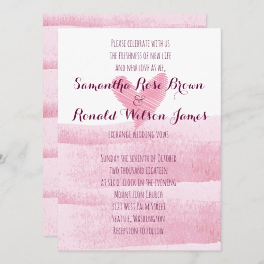 Roze Waterverf Hart Uitnodiging (Voorkant / Achterkant)