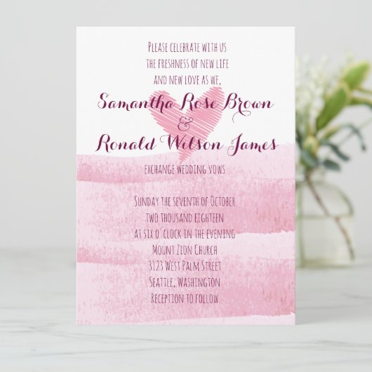 Roze Waterverf Hart Uitnodiging (Staand voorkant)