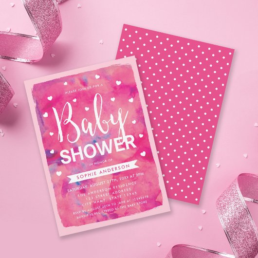 Roze Waterverf Harten Baby shower uitnodiging