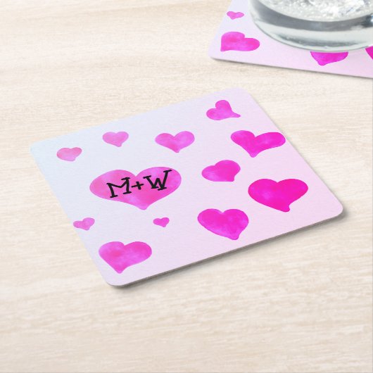 Roze waterverf harten Custom Paar naam initialen Kartonnen Onderzetters (Schuin)