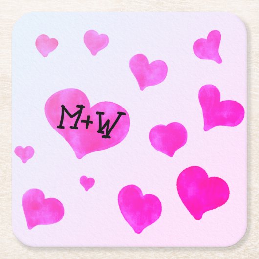 Roze waterverf harten Custom Paar naam initialen Kartonnen Onderzetters (Voorkant)