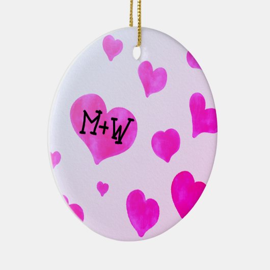 Roze waterverf harten Custom Paar naam initialen Keramisch Ornament (Rechts)