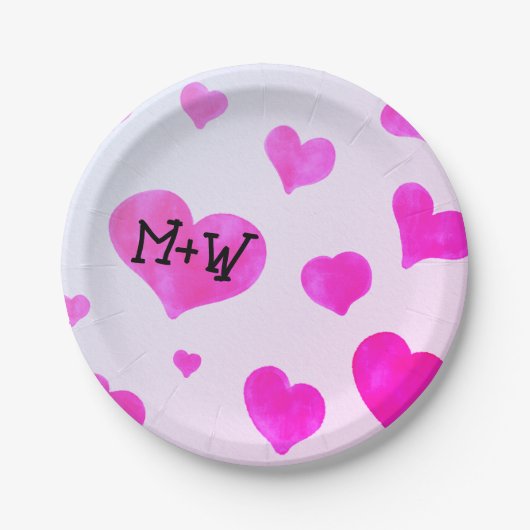 Roze waterverf harten Custom Paar naam initialen Papieren Bordje (Voorkant)