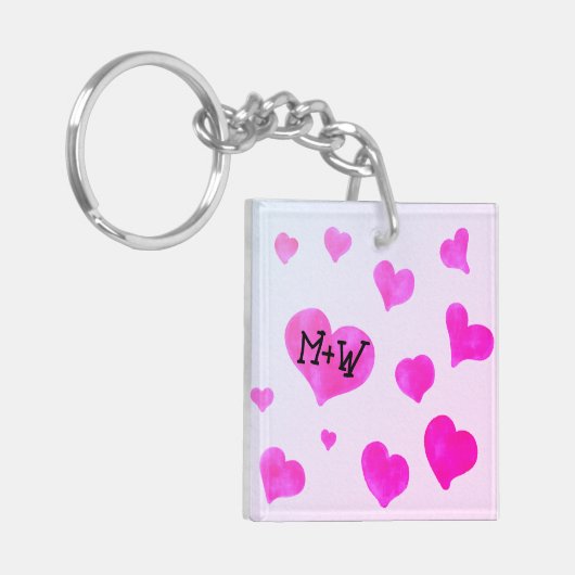 Roze waterverf harten Custom Paar naam initialen Sleutelhanger (Voorkant Links)