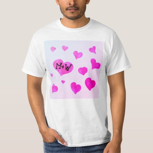 Roze waterverf harten Custom Paar naam initialen T-shirt (Voorkant)