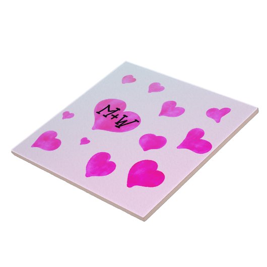 Roze waterverf harten Custom Paar naam initialen Tegeltje (Zijkant)