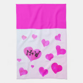 Roze waterverf harten Custom Paar naam initialen Theedoek (Verticaal)