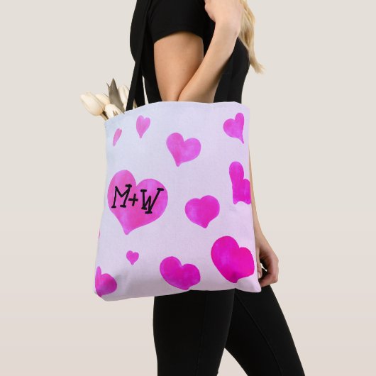 Roze waterverf harten Custom Paar naam initialen Tote Bag (Dichtbij)