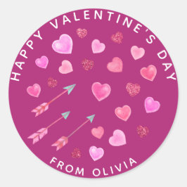 Roze Waterverf Harten en pijlen Valentijnsdag Ronde Sticker