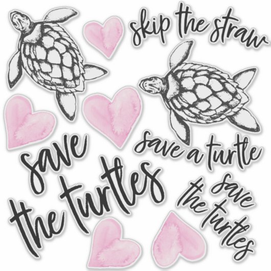 Roze Waterverf Harten en Save the Turtles Sticker (Voorkant)
