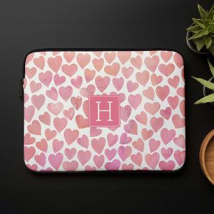 Roze Waterverf Harten monogrammen Laptop Sleeve
