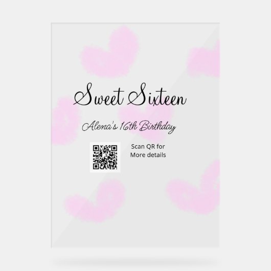 Roze waterverf harten QR Sweet zestien verjaardag Acryl Bord (Voorkant)