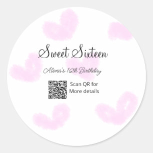 Roze waterverf harten QR Sweet zestien verjaardag Ronde Sticker