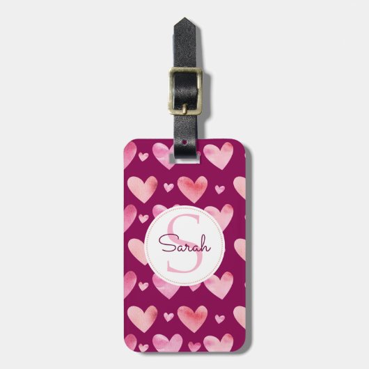 Roze Waterverf Harten Valentijnse en monogram Bagagelabel (Voorkant verticaal)