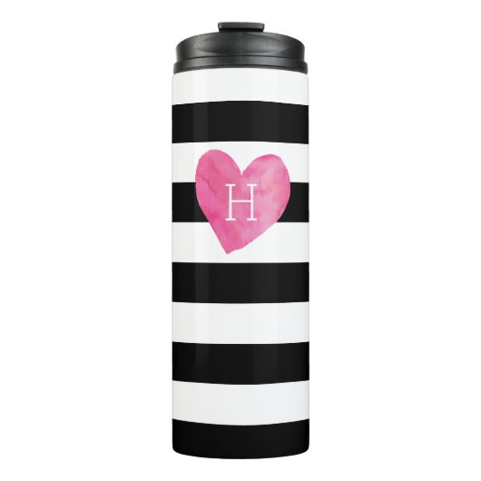 Roze Waterverf Hartmonogram | Gestreept Thermosbeker (Voorkant)