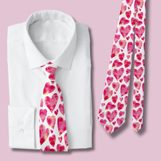 Roze waterverf hartpatroon stropdas