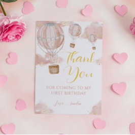 Roze Waterverf Hete Luchtballon Meisje Verjaardag Bedankkaart