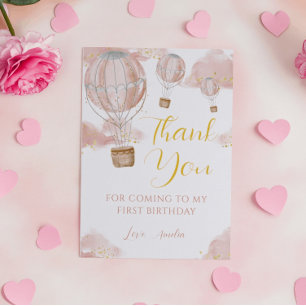 Roze Waterverf Hete Luchtballon Meisje Verjaardag Bedankkaart