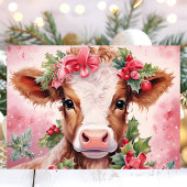 Roze Waterverf Holly Baby Koe Kerst Feestdagen Kaart