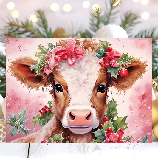 Roze Waterverf Holly Baby Koe Kerst Feestdagen Kaart