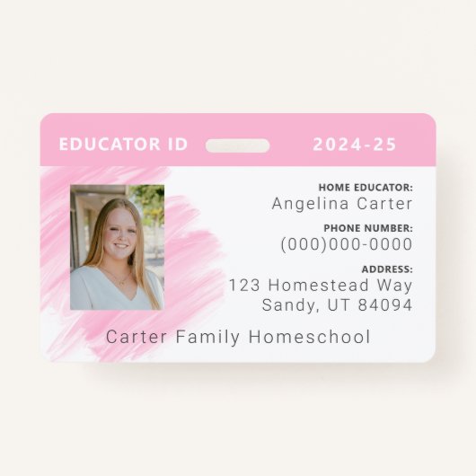 Roze Waterverf Homeschool Educator ID Badge (Voorkant)