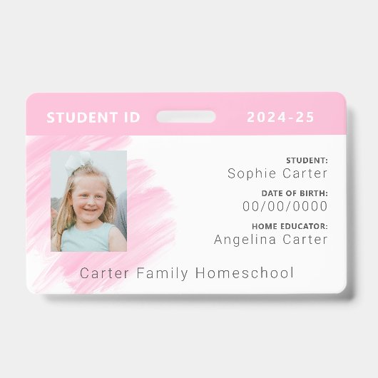 Roze Waterverf Homeschool Student ID Badge (Voorzijde)