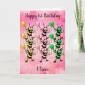 Roze Waterverf Honingbijen Fijne eerste verjaardag Kaart (Voorkant)