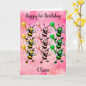 Roze Waterverf Honingbijen Fijne eerste verjaardag Kaart (Gele Bloem)