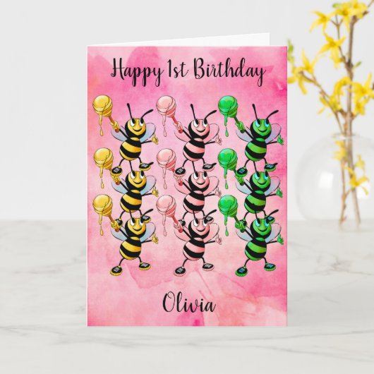 Roze Waterverf Honingbijen Fijne eerste verjaardag Kaart (Gele Bloem)