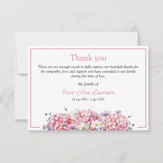 Roze waterverf hortensia zomerbloemen begrafenis bedankkaart (Voorkant)