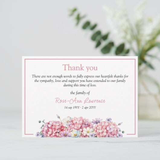 Roze waterverf hortensia zomerbloemen begrafenis bedankkaart (Staand voorkant)