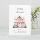 Roze Waterverf Huis Kerst Kaart (Staand voorkant)