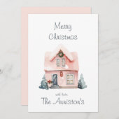 Roze Waterverf Huis Kerst Kaart (Voorkant / Achterkant)
