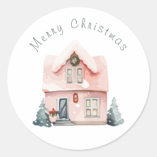 Roze Waterverf Huis Kerst Ronde Sticker