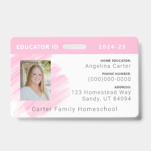 Roze Waterverf Huisonderwijs Educator ID Badge (Voorzijde)