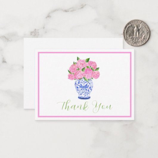 Roze Waterverf Hydrangea Chinoiserie Script Bedank Notitiekaartje (Voorkant / Achterkant in situ)