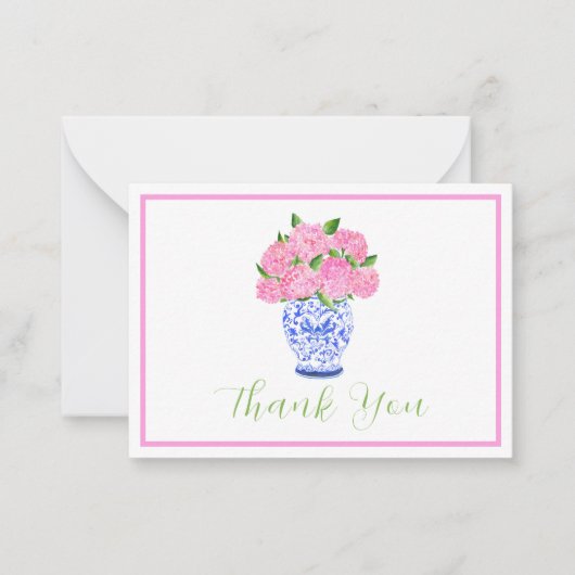 Roze Waterverf Hydrangea Chinoiserie Script Bedank Notitiekaartje (Voorkant)