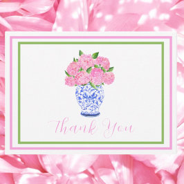 Roze Waterverf Hydrangea Script Border Bedankt Notitiekaartje