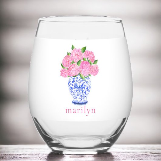Roze Waterverf Hydrangeas Chinoiserie Custom Wijnglas Zonder Voet