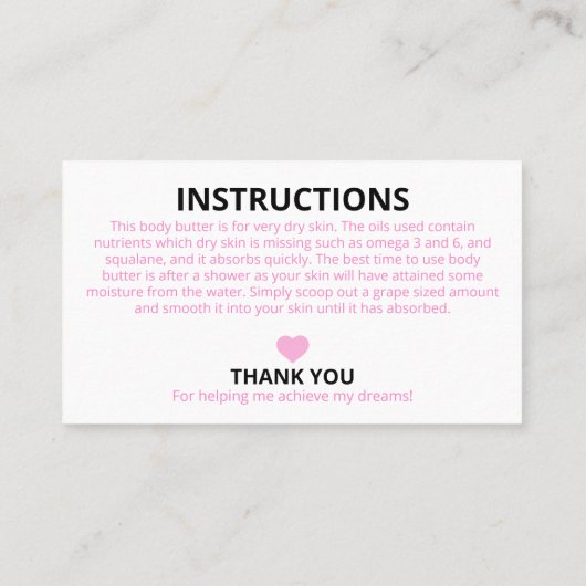 Roze Waterverf Inkt Ingrediënten Instructies Visitekaartje (Achterkant)