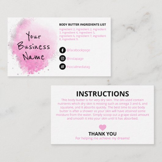 Roze Waterverf Inkt Ingrediënten Instructies Visitekaartje (Voorkant / Achterkant)