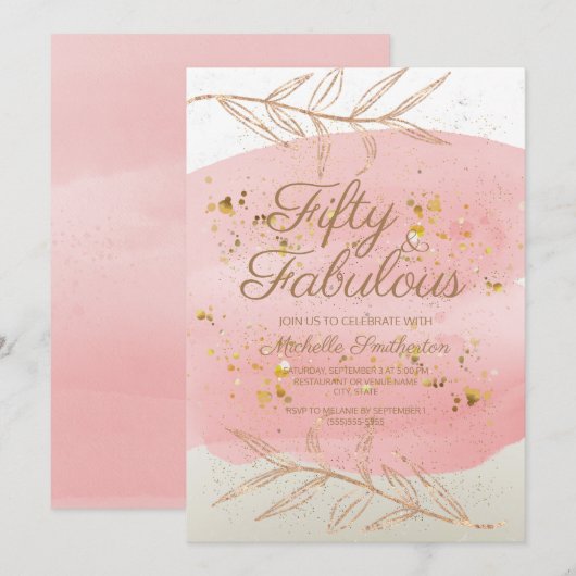 Roze Waterverf Ivory en Gold Dust 50th Birthday Kaart (Voorkant / Achterkant)